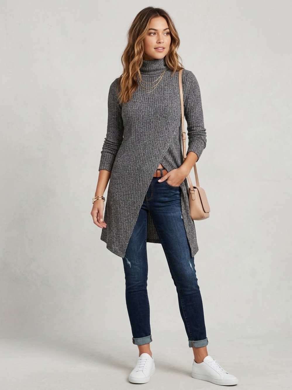 NWT XS Gray Rib Knit High Neck Asymmetric Crossover Hem Tunic Top